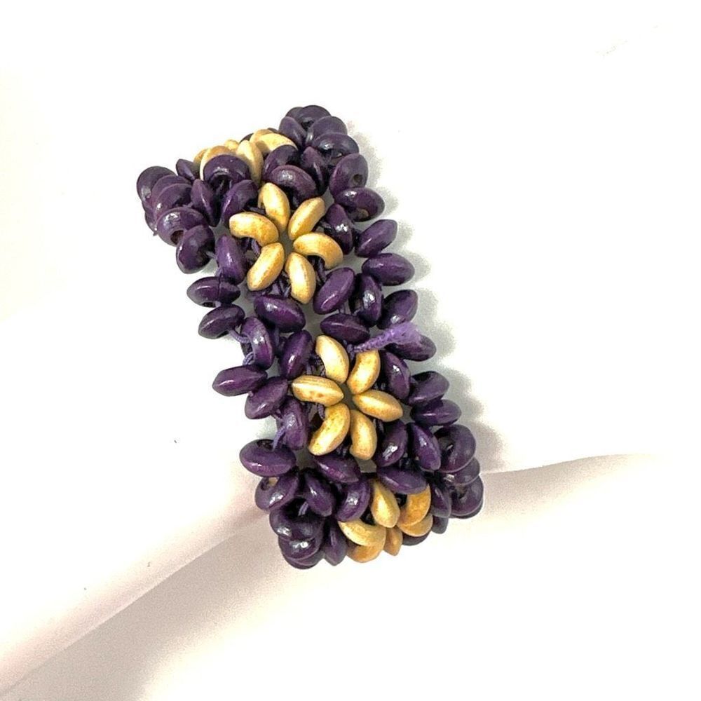 Purple and tan woven beaded bracelet